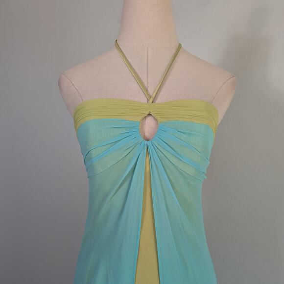 Vintage Prom Dress Maxi Gown 2P Blue Yellow Y2K Silk Fairy Babydoll Empire Split - Picture 4 of 12
